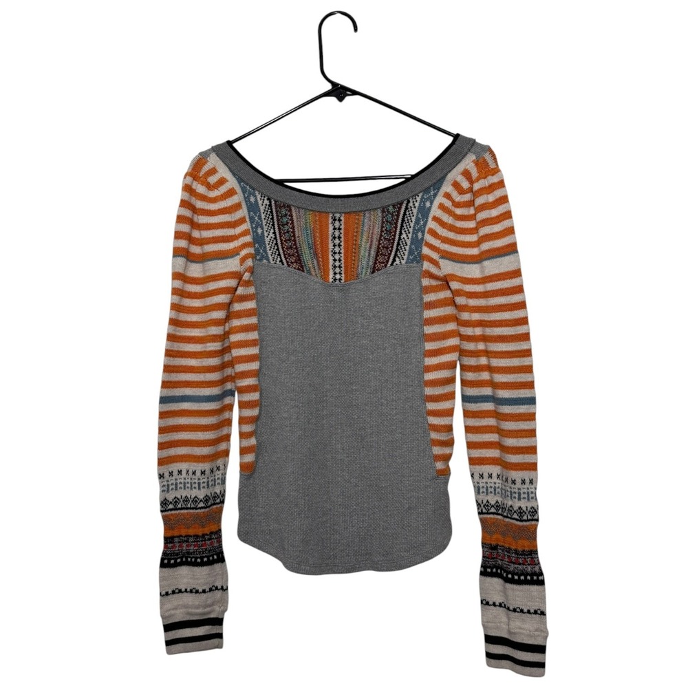 Free People Bohemian Sweet Gal Thermal Top Mixed Media Striped Fair Isle Small